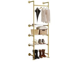 Urban Stijl - Industrieel Wandrek - Kledingrek - Met Pijpen - Bevestiging aan de muur- Houten planken – Wandrek met Pijpleiding - Gouden Afwerking - 178 cm Hoog