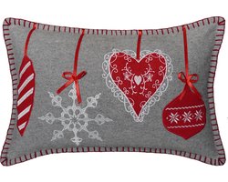 Urbane Hide | 30x50 cm Kussenhoes | Kussenhoezen | Kussenhoesjes | Geborduurd & Patchwork | Hangende Ornamenten | Wol | Grijs/Rood/Wit | Zonder Binnenkussen