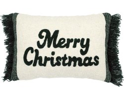 Urbane Hide | Kerst Kussenhoes | Kussenhoezen | Kussenhoesjes | Christmas | Merry Christmas met franjes | 35x50 cm | Wol, Katoen | Creme & Donkergroen | Zonder binnenkussen