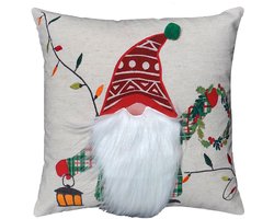 Urbane Hide | Kerst Kussenhoes| Kussenhoezen | Kussenhoesjes | Christmas | Patchwork & Borduurwerk | Kabouter met Krans & Lantaarn | 45x45 CM | Katoen/Linnen | Rood/Wit | Zonder Binnenkussen