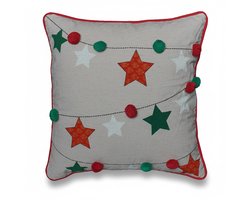 Urbane Hide | Kerst Kussenhoes | Kussenhoezen | Kussenhoesjes | Christmas | Print en borduurwerk | Sterren- en pomponslingermotief | 45x45 cm | Katoen-linnen | Rood/groen | Zonder Binnenkussen