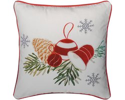 Urbane Hide | Kerst | Kussenhoezen | Kussenhoes | Kussenhoesjes | Christmas | Patchwork & Geborduurd met bies | Feestelijke Ornamenten met Dennenappels | 45x45 CM | Katoen | Rood/Wit | Zonder binnenkussen