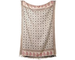 Urbane Hide | Traditionele Blockprint Bloemen Plaid | SierPlaids | 130x180 cm | met Franjes | 100% Katoen | Beige en Bruin