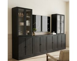 Urbanhome XXL TV-Meubel 280 cm Zwart – Industrieel Dressoir met Glazen Deuren & 14 Planken – TV Kast tot 70 Inch – Wandkast / Opbergkast Woonkamer