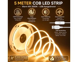 USB LED Strip 5 Meter Warm Wit 3000K - COB LED Verlichting - Zelfklevend plak systeem, Flexibel & Op Maat Knipbaar - Voor TV, Slaapkamer, Keuken en Kast