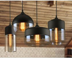USEled - Moderne hanglamp set van 4 stuks - Hanglampen Eetkamer - Woonkamer - zwart met bruin glas - Modern - E27 - Cilinder - Bol - excl. lichtbron - 1 ronde montageplaat Ø 500 mm
