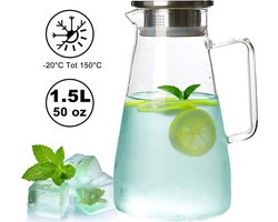 Uten Karaf van glas - Waterkan - Met deksel - Waterkaraf voor Fruitwater - Multifunctionele Decanteer Karaf - 1.5L liter - Schenkkan - Glas en RVS