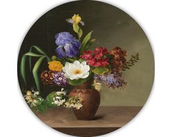Vaas in Griekse stijl met iris, zuring en kamperfoelie - Hermania Neergaard schilderij - Bloemen wandbord - Muurdecoratie rond Natuur - Klassiek schilderijen - Muurdecoratie rond - Woonkamer accessoires muurcirkel forex 70x70 cm