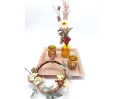 Vaas kunstbloemen-2 waxinelichthouders-Theelichthouder-Tafeldecoratie-Cadeau voor vrouw-Zijden bloemen -Krans-Schaal vierkant-Decoratieve accessoires-Cadeau idee-Woonaccessoires