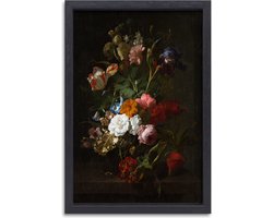 Vaas met bloemen - Rachel Ruysch wanddecoratie - Bloemen wanddecoratie - Schilderijen canvas Oude meesters - Muurdecoratie industrieel - Canvas met baklijst schilderijen woonkamer - Slaapkamer muurdecoratie canvas met baklijst 75x100 cm