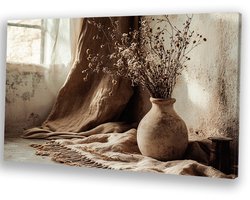 Vaas met droogbloemen in sepia - Stilleven schilderij - Muurdecoratie canvas woonkamer - Japandi - Decoratie voor thuis - Decoratie slaapkamer - Canvas 120x80 cm
