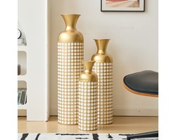 Vaas Set 3-delig - Grote Deko Vazen - Bloemenpatroon - Plantenpotten voor Planten - Woonkamer & Gang - Metaal - Goud met Witte Vlekken