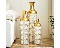 Vaas Set 3-delig - Grote Deko Vazen - Bloemenpatroon - Plantenpotten voor Planten - Woonkamer, Tuin & Binnen - Metaal - Goud/Wit