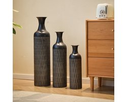 Vaas Set 3-delig - Grote Deko Vazen - Rillenpatroon - Plantenpotten voor Planten - Woonkamer & Gang - Metaal - Zwart