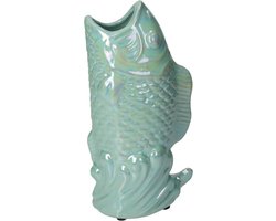 Vaas Vis - Groen - Mint Groene Dieren Vazen - Fijn Aardewerk - Holo Effect - 16X11X28CM - Decoratieve Accessoires - Woonaccessoires - Woondecoratie - Wonen