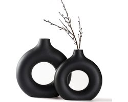 Vaas voor pampasgras, keramische vaas, zwarte donutvaas, ronde vorm, moderne, witte ronde vaas, abstract, bloemenvaas voor thuis en op kantoor, decoratie, mat zwart