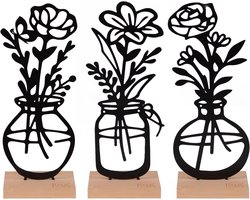 Vaasenset met metalen bloemen - 3-delig - zwart of wit - stijlvolle tafeldecoratie voor woonkamer - ShopVlot