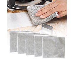 Vaatdoeken - 5 stuks - Anti-kras draad vaatdoeken - Dubbellaags RVS borstel - Draad vaatdoeken - Microvezel vaatdoeken - Herbruikbaar - Natte en droge vaatdoeken - Fornuis - 20*20 cm