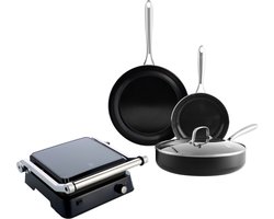 Vaderdag cadeau tip: BK Magma Aluminium 3-delige Pannenset met Contact Grill – Koekenpan Ø20 en Ø28cm - Hapjespan met deksel Ø28cm 3.6L - PFAS-vrij - Inductie - Vaatwasserbestendig - Snelle Opwarming – RVS Handgrepen – Ovenbestendig tot 250°C – Zwart