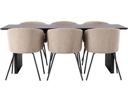 Vail eethoek tafel zwart en 6 berit stoelen beige.