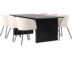 Vail eethoek tafel zwart en 6 berit stoelen beige.