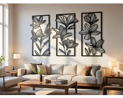 VAILLA 3-delige bloemen wanddecoratie van hout 84x45c cm, 3D muurdecoratie voor woonkamer en slaapkamer