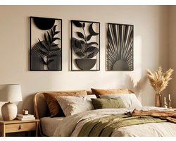 VAILLA 3-delige boho wanddecoratie van hout 120x61 cm, geometrische 3D muurdecoratie voor woonkamer modern interieur