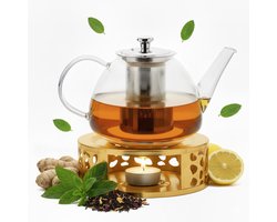 Vaja Glazen Theepot Fay 1 Liter met Filter en Warmhouder - Theepot Glas voor Losse Thee en Theebloemen - Tea Maker - Theelicht houder voor Theekan met Zeef - Infuser - Warmer - Goud