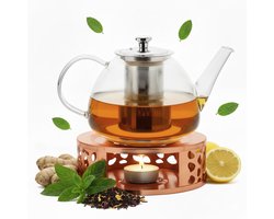 Vaja Glazen Theepot Fay 1 Liter met Filter en Warmhouder - Theepot Glas voor Losse Thee en Theebloemen - Tea Maker - Theelicht houder voor Theekan met Zeef - Infuser - Warmer - Rose
