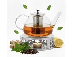 Vaja Glazen Theepot Fay 1.4 Liter met Filter en Warmhouder - Theepot Glas voor Losse Thee en Theebloemen - Tea Maker - Theelicht houder voor Theekan met Zeef - Infuser - Warmer - Zilver