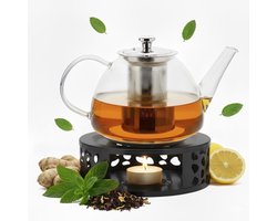 Vaja Glazen Theepot Fay 1.4 Liter met Filter en Warmhouder - Theepot Glas voor Losse Thee en Theebloemen - Tea Maker - Theelicht houder voor Theekan met Zeef - Infuser - Warmer - Zwart