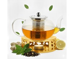 Vaja Glazen Theepot Vera 1 .4 Liter met Filter en Warmhouder - Theepot Glas voor Losse Thee en Theebloemen - Tea Maker - Theelicht houder voor Theekan met Zeef - Infuser - Warmer - Goud
