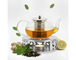 Vaja Glazen Theepot Vera 1.0 Liter met Filter en Warmhouder - Theepot Glas voor Losse Thee en Theebloemen - Tea Maker - Theelicht houder voor Theekan met Zeef - Infuser - Warmer - Zilver