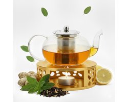 Vaja Glazen Theepot Vera 1.0 Liter met Filter en Warmhouder - Theepot Glas voor Losse Thee en Theebloemen - Tea Maker - Theelicht houder voor Theekan met Zeef - Infuser - Warmer - Goud