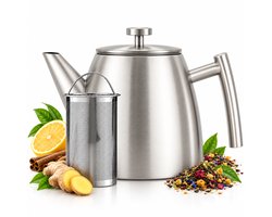 Vaja® Theepot Juliette Mat RVS - Theepot - Theepot met filter - Theekan - Theepot Dubbelwandig - RVS Theekan - 1 Liter