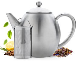 Vaja® Theepot Valerie Zilver - Dubbelwandig - 1.2 Liter - RVS Theekan met Filter & Warmhouder