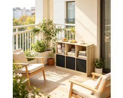 Vakkenkast Met 3 Stoffen Lades – 80 x 30 x 61 cm – Hout En Stof – Licht Eiken Zwart – Open Opbergkast
