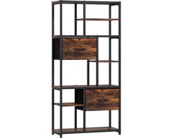 Vakkenkast – Smalle Boekenkast – 9 Vakken – Staande Opbergkast - wandkast– Modern Design – Rustiek bruin + zwart – Ruimtebesparend