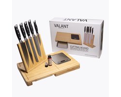 VALANT Snijplank Set – Bamboe Snijplank met Weegschaal & Opvangbak – Inclusief 5 delig Messen set – Tijdelijke Introductieprijs