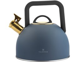 Valdinox Giovanni fluitketel 2,5L – RVS inductie fluitketel – Modern design met gouden accenten – Mat Blauw