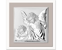 Valenti Miro-Silver – Religieus Wanddecor – Engel Bewaart Kind – Houtframe – Cadeau voor Doop & Geboorte