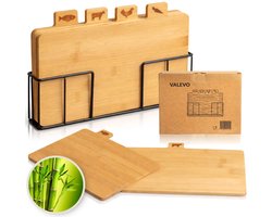 VALEVO - 4x Bamboe snijplanken met Houder - 28x17 CM- Geen BPA of PFAS Bamboe Snijplank - Snijplank Hout – Bamboe Snijplankenset met Houder - Houten snijplank