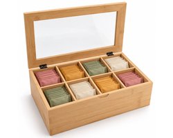 VALEVO™ Bamboe Theedoos – 8 Vakken met Glazen Deksel - Thee - Kistje met vakjes - Keuken organizer