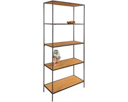 Van den Berg | wandplank | zwart | staal en eikenhout | 80x36x170 cm | wandkast | wandkast industrieel | boekenkast | open wandkast | houten kast | voorraad kast | Wood Selections