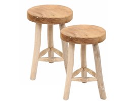 Van der Leeden Houten krukje - 2x - D30 x H45 cm - naturel - teakhout - zitkrukjes - krukken - landelijk - modern