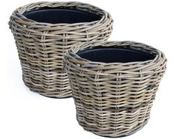 Van der Leeden Planten/bloemen mand - 2x - rotan - gevlochten riet - D36 x H28 cm - drypot - plantenpot - plantenmand - nestbaar