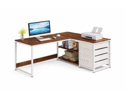 Van Elmont L-vormig bureau met 4 laden - Bureau met Legplanken - Metalen frame - Computerbureau - Computertafel - Bureautafel voor Thuiskantoor - 150 x 110 x 75 cm - Bruin / Wit - Voor Gamen - Studeren en Werken