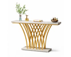 Van Elmont Wandtafel - Consoletafel - Sidetable - Bijzettafel - Haltafel - Console tafel - Met Metalen Basis in Roostervorm - Metalen Frame - Wit / Goud - 30 x 150 x 80 cm - Voor Hal - Woonkamer - Entree