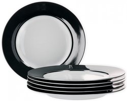 van Well Vario platte bordenset, 6-delig, tafelservies voor 6 personen, platte eetborden met Ø 26,5 cm, porseleinen servies wit met zwarte rand, bordenset magnetronbestendig