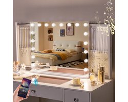 VANITII GLOBAL Hollywood Make-up Spiegel - Uittrekbare sieradenlade - Slimme Bluetooth - Driekleuren dimbaar - 80x60cm - Wit